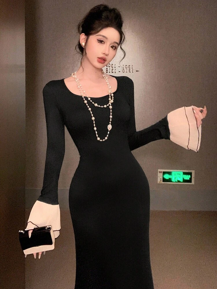 Autumn/Spring & Summer Hollow Lace Patchwork Waist Fitted Bodycon Mermaid Hem Dress, Sexy Party Wedding Banquet Formal Gown, Fashion Flare Sleeve Ruffle Hem Midi Dress For Women