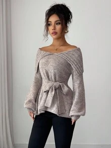 Elenzga Women's Fashion Casual Lantern Sleeve Sweater With Oversized Collar And Tie Waist, Suitable For Christmas, New Year, Thanksgiving Gifts, Autumn/Winter