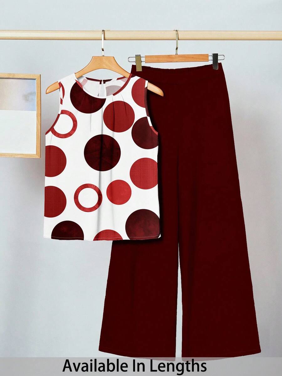 SHEIN PETITE CURVE Plus Size Women Geometric Print Round Neck Pleated Sleeveless Shirt And Wide Leg Pants Casual 2-Piece Set