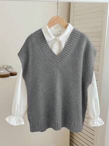 SHEIN Serisse Kids 青少年女孩休闲宽松纯色超大V领中长款毛衣背心 - 灰色 - 查看 2