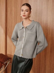 Uhlyne Women's Elegant Contrast Trim Long Sleeve Collared Cardigan, Autumn  Business Casual Woman  Office Attire For Women Business Professional Women - Grey - View 3