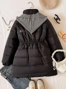 SHEIN Teen Tween Girl Black Winter Long-Sleeved Mid-Length Padded Coat, Modest Hike Outdoor Snow Coat With Classic Striped Scarf Decoration And Snug Fit Belt - Black - View 2