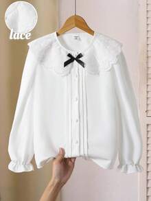 青少年女孩休闲时尚衬衫，蕾丝领，门襟设计，泡泡袖，适合返校、春季、夏季、秋季、休闲、优雅、日常穿着、度假、秋冬拍照 - 白色 - 查看 4
