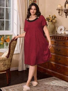 Côtesoire 大码菱形印花撞色休闲睡裙，Moo Moo睡衣 - 酒紅色 - 查看 3