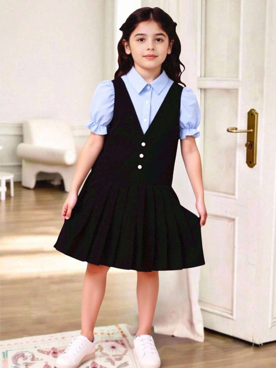 Girls' Patchwork 2-In-1 Dress, Flare Sleeves And Bow Decor, Suitable For Spring/Summer, School/Campus Wear - Black - View 1