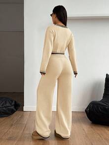 SHEIN PETITE 女士毛呢宽松家居两件套西装居家舒适休闲套装 - 杏色 - 查看 2