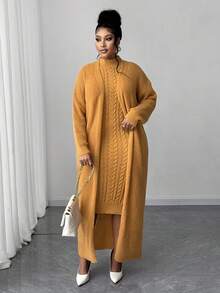 Maweii Plus Size Women Solid Color Cable Knit Elegant Dress Cardigan Two Pieces Set Winter Fall Autumn - Yellow - View 6