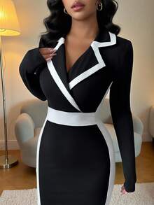 Elenzga Elegancka, kontrastowa sukienka damska z kołnierzykiem i dopasowanym do ciała długim rękawem, mała czarna, jesień/zima