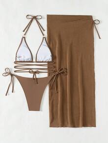 Swim Basics Summer Beach Solid Color V-Neck Halter Bra & Swim Bottom & Beach Cover Up Skirt Bikini Set Bathing Suit - Coffee Brown - View 2
