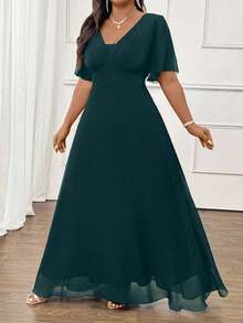 Cravure 优雅通勤休闲雪纺褶皱短袖中长连衣裙，喇叭下摆，百搭舒适面料，适合春夏秋季，黑色，加大码 - 墨綠色 - 查看 5