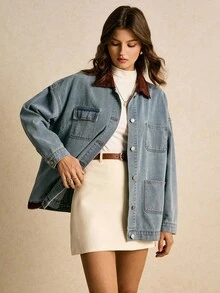 Poéselle 新品 女士牛仔夹克和外套 落肩领口 拼接口袋 宽松牛仔夹克 冬装 女士冬季夹克 女士万圣节服装 新年服装 女士外出上衣 女士时尚衬衫 女士时尚西装外套 - 深色水洗藍 - 查看 3