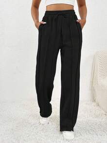 SHEIN PETITE Grey Ripped Patchwork Exposed Seam Drawstring Waist Slant Pocket Straight Leg Casual Sports Sweatpants - Black - View 3