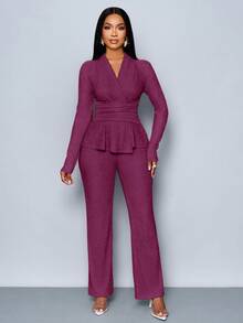 SOLERSUN 女士杏色优雅 V 领长袖 T 恤和阔腿裤两件套，不对称下摆两件套服装，休闲日常穿着，女士冬装 - 紫色 - 查看 6