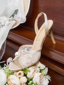 CUCCOO HITCHD Apricot Pointed Toe Stiletto Heel Lace Mesh Pearl Elegant Wedding Party Women's High Heel Sandals Open Toe Sandals For Christmas - Apricot - View 6