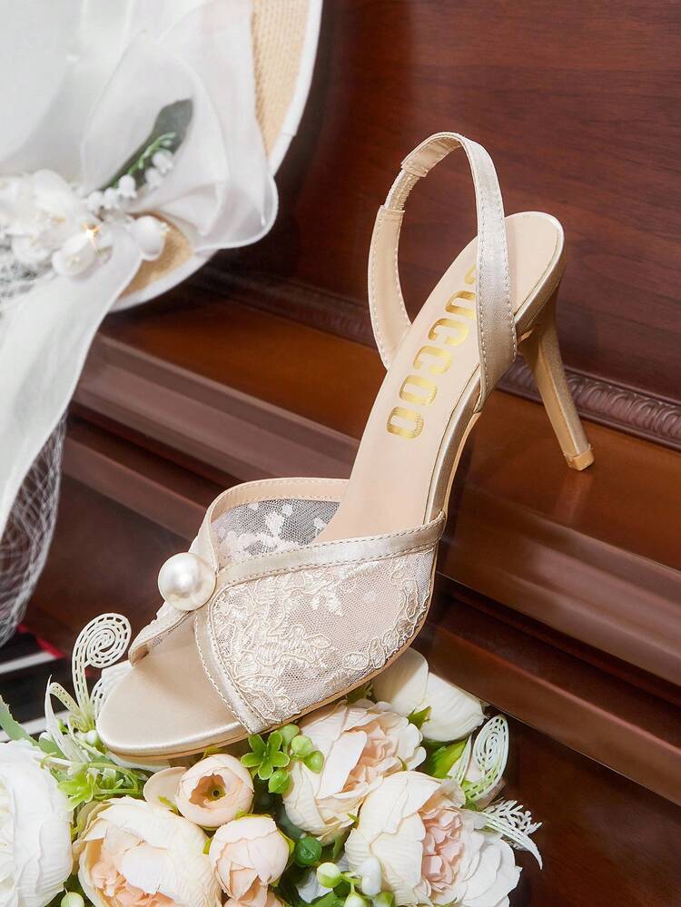 CUCCOO HITCHD Apricot Pointed Toe Stiletto Heel Lace Mesh Faux Pearl Elegant Wedding Party Women's High Heel Sandals Open Toe Sandals For Christmas Elegant Shoes Wedding Shoes Summer Shoes Bride Shoes