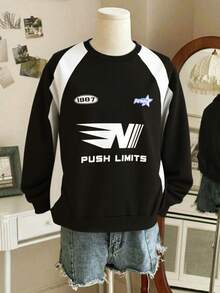 SHEIN 青少年女孩休闲街头风格字母印花运动衫，舒适的学院风柔软面料，适合日常穿着、上学、旅行、户外运动 - 黑與白 - 查看 1