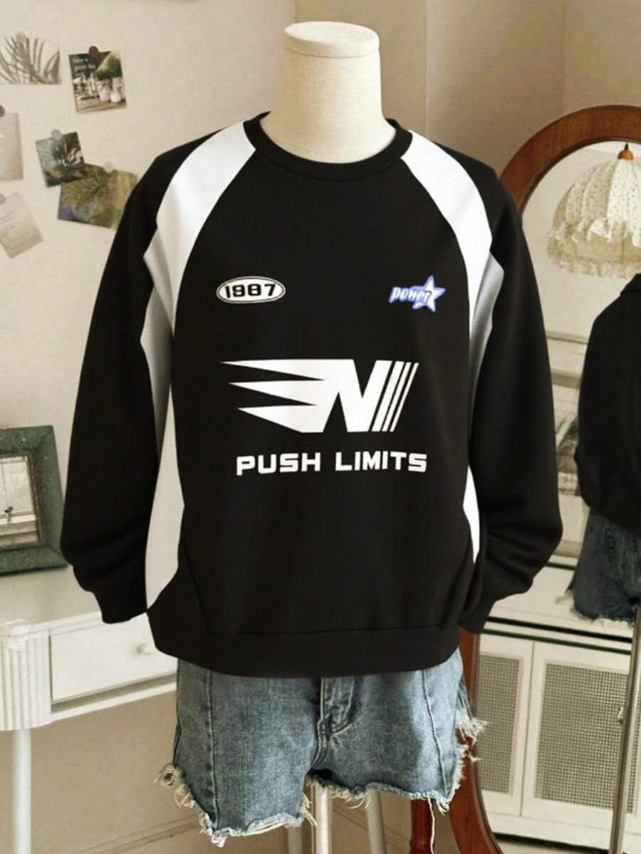 SHEIN 青少年女孩休闲街头风格字母印花运动衫,舒适的学院风柔软面料,适合日常穿着、上学、旅行、户外运动 - 黑與白 - 查看 1