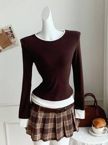 SHEIN Comfortcana Áo thun nữ hai mảnh cổ tròn tay dài, dày vừa phải, thường ngày - Cà phê nâu - Xem 5