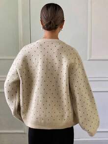 Women's Autumn Dropped Shoulder Long Sleeve Round Neck Polka Dot Loose Cardigan - Khaki - View 2