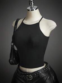 SHEIN ICON Women's Millennial Style Y2K Halloween Cosplay Sexy Personalized Avant-Garde Fashion Simple Mesh Spiderweb Pattern Black Backless Slim Top - Multicolor - View 8