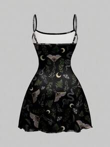 ROMWE Spring|Summer Carnival Party Casual Graphic Black Gothic Dark Halloween Snake, Sun, Moon, Star, Moth, Plant Print Mini Dress For Women - Black - View 2
