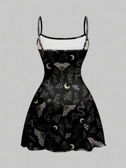Goth Vestido mini para mujer con estampado de serpiente, sol, luna, estrella, polilla y planta, de estilo gótico y oscuro para Halloween