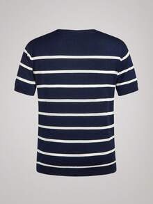 OFFICEAU Men Striped Crew Neck Knit T-Shirt, Minimalist Fashion Casual For Daily Wear, Old Money Spring To Summer - Navy Blue - View 3