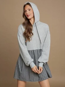 WESTFADE Ländlicher Western Mix Media French Terry & Strass Karomuster Kapuzenkleid Mini Kleid Schulanfang Süß Herbst - Verschiedenfarbig - Übersicht 4