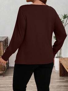 SHEIN Clasi Plus Size Elegant Commuter Solid Color Draped Neck Long Sleeve T-Shirt - Brown - View 2