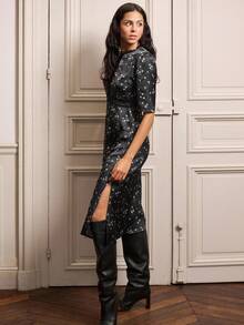 lacRébo Váy midi hoa có ren và nút cài phía trước dành cho nữ mùa thu đông - Nhiều màu - Xem 5