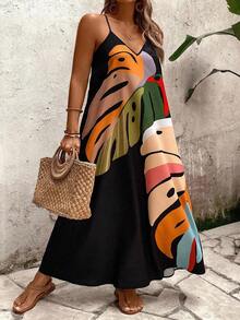 EMERY ROSE 女式加大码波西米亚风宽松花卉和叶子印花细肩带连衣裙，适合夏季 - 彩色 - 查看 7