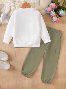 2pcs/Set Young Girls Letter Print Raglan Crew Neck Long Sleeve Sweatshirt And Drawstring Waist Cargo Pants Set,Back-To-School Autumn School Clothes - Multicolor - View 2