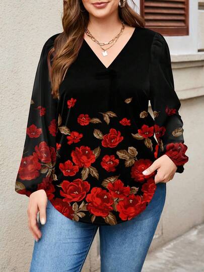 Glamance Whitebread Plus Size Women Black Blouse Long Sleeve V Neck Casual Floral Plants All Over Print Summer For Women Summer Top Going Out Office Business Casual Fall Day Nights Women Travel Airport Streetwear Women Fall Modest Back To School Work Women Autumn And Winter Flowy Top Going Out Elegant Blouses New Year Chic Stylish Collection
