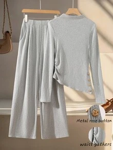 Franclia 2 件套女士休闲通勤装 - 长袖直筒裤和罗纹针织修身 T 恤套装 - 灰色 - 查看 1