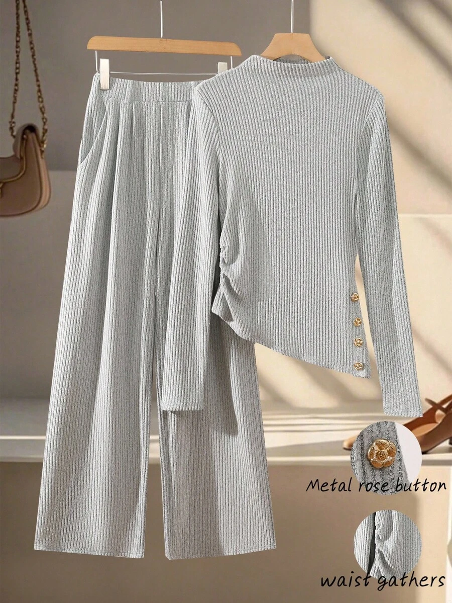 Franclia 2 件套女士休闲通勤装 - 长袖直筒裤和罗纹针织修身 T 恤套装 - 灰色 - 查看 1