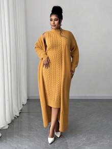 Maweii Plus Size Women Solid Color Cable Knit Elegant Dress Cardigan Two Pieces Set Winter Fall Autumn - Yellow - View 1