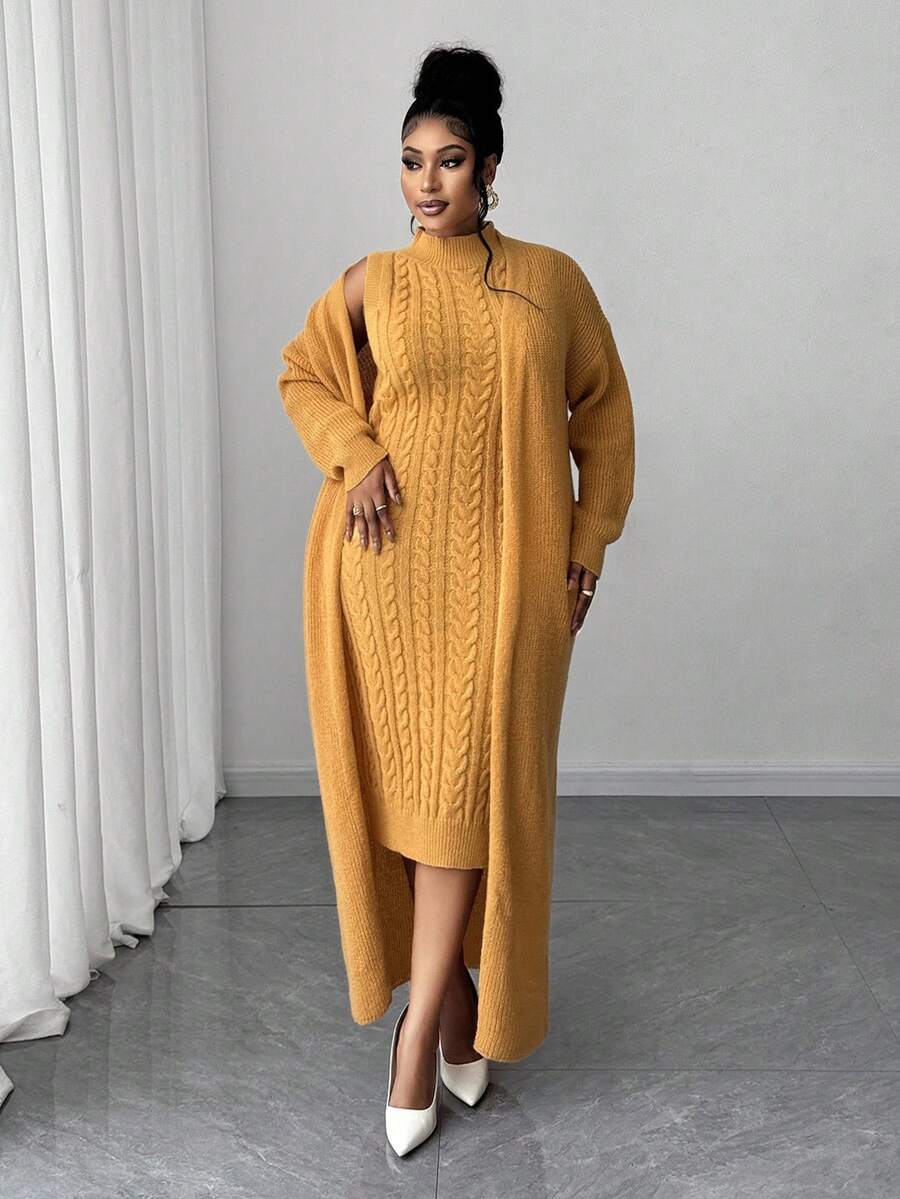 Maweii Plus Size Women Solid Color Cable Knit Elegant Dress Cardigan Two Pieces Set Winter Fall Autumn - Yellow - View 1