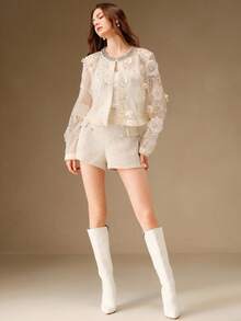 Anewsta 3D Beaded Floral Sheer Collar Handmade Sequins Round Neck H-Line Long Sleeve Jacket, Suitable For Fall, Winter, Spring, New Year, Party, Wedding, Elegant, Chic, Stylish, Christmas, Festival, Holiday, Casual Wear