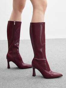 CUCCOO BIZCHIC 勃艮第尖头高跟过膝靴，弹力修身女式休闲/工作秋冬高筒靴 - 酒紅色 - 查看 2