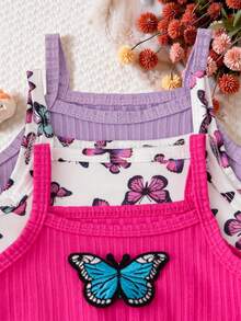 SHEIN Playful Pals 3 件套女婴蝴蝶印花纯色罗纹无袖连体衣，带蝴蝶装饰，夏季休闲装 - 彩色 - 查看 3