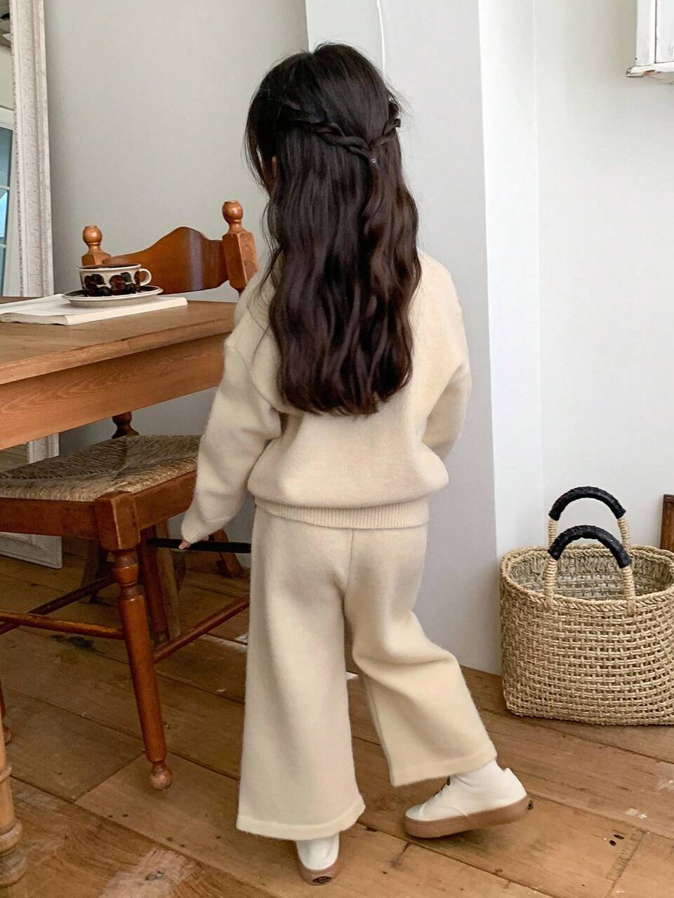 2pcs/Set Young Girls Casual Korean Style Solid Color Lapel Long Sleeve Sweater & Loose Straight Leg Pants Outfit Fall,Winter