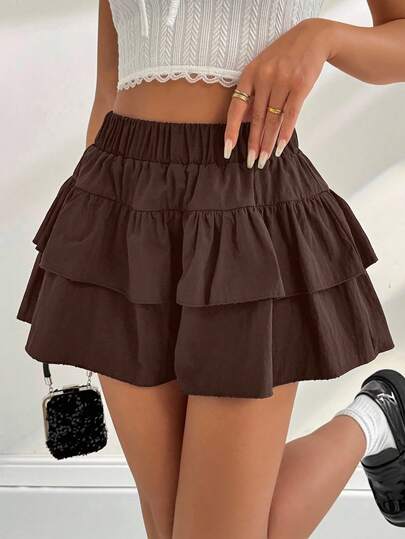 Chiquease 女式纯色弹性腰部双褶边下摆裙裤，度假风