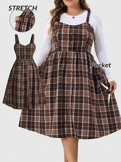 SHEIN CURVE+ Plus Size Women's Plaid Simple Daily Pocket Suspender Dress, Autumn Dress/Autumn /Winter