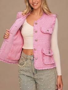 Enchnt Áo khoác vest tua rua kim loại đơn hàng khuy thanh lịch dành cho nữ - Hồng - Xem 7