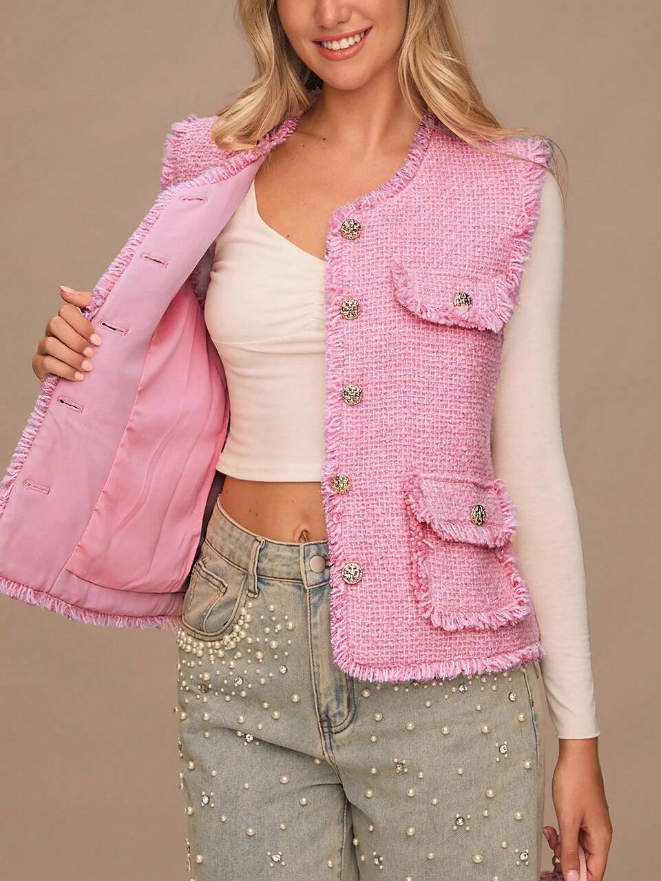 Enchnt Soft Pink Women's Elegant Single-Breasted Fringe Tweed Vest Jacket,Sweet&Fashionable For Date,Holiday,Birthday,Office,Brunch,Summer Clothes