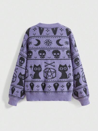 ROMWE Avant Suéter holgado de cuello redondo con estampado de cruz gótica, luna misteriosa y gato, talla grande, otoño/invierno