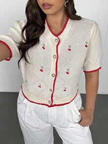 Vionelle Vintage Cute Cherry Knit Short Sleeve Cardigan, Hollow Out Design, Patchwork, Reduces Age, Plus Size Winter Fall Autumn