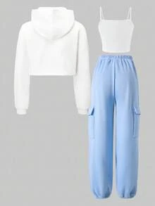 SHEIN Explorewe 3件套少女休闲保暖针织卫衣、吊带背心和工装裤，字母印花，秋冬季 - 淺藍色 - 查看 2