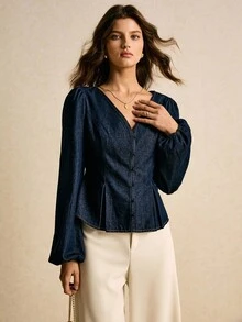 Poéselle 女式秋季灯笼袖单排扣褶边牛仔衬衫