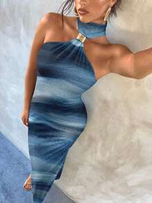 Aloruh 女士优雅性感蓝色扎染纹理图案金属扣装饰镂空紧身长裙，适合优雅约会、派对、秋冬装 - 彩色 - 查看 1